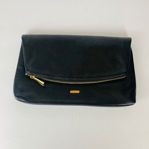 Hayden Harnett Black Pebbled Leather Foldover Clutch Bag Gold Hardware RN137646